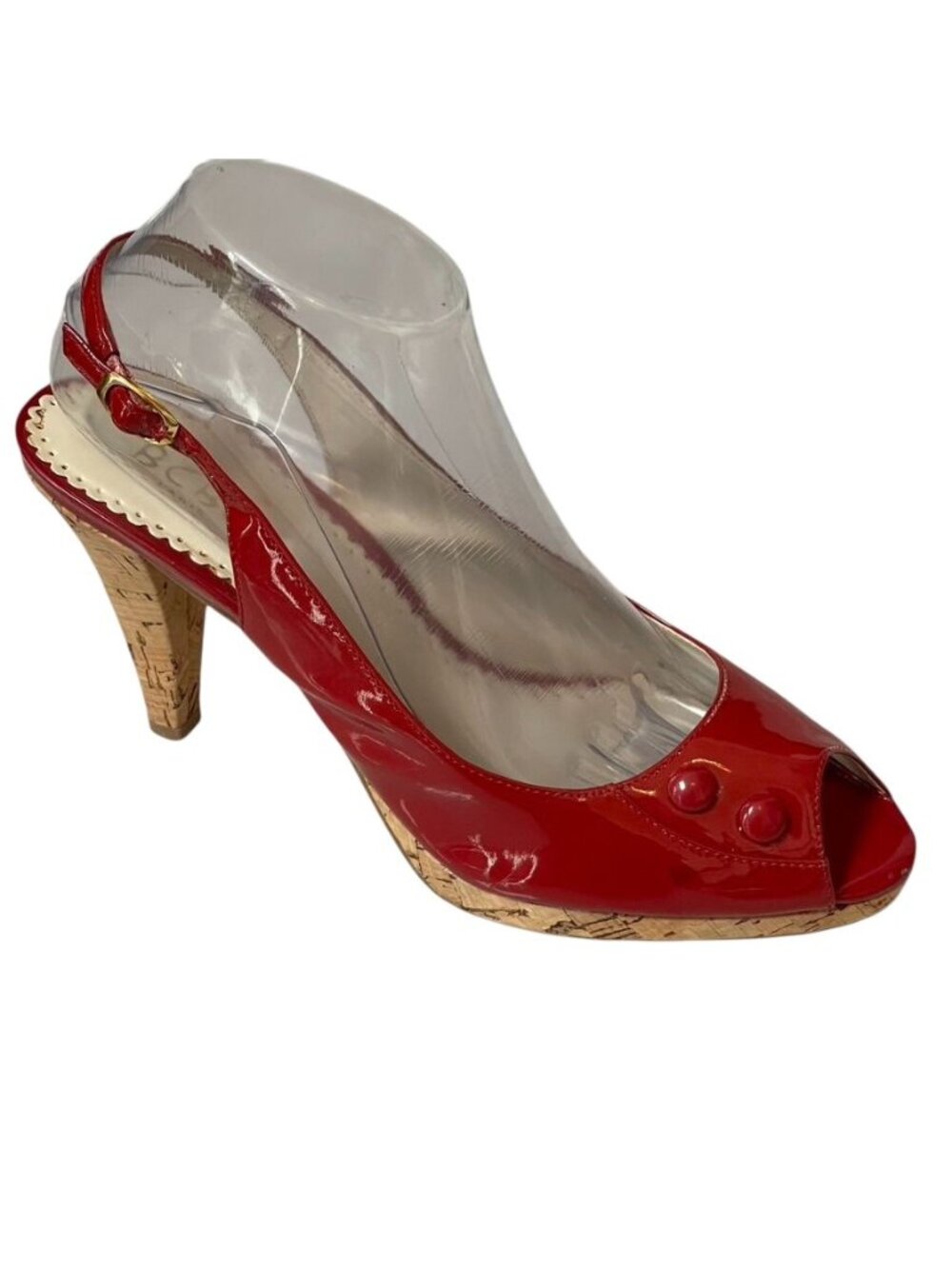 BCBG Paris Red Patent Leather Peep-Toe Slingback Heels With Cork Wedge Size 9B
